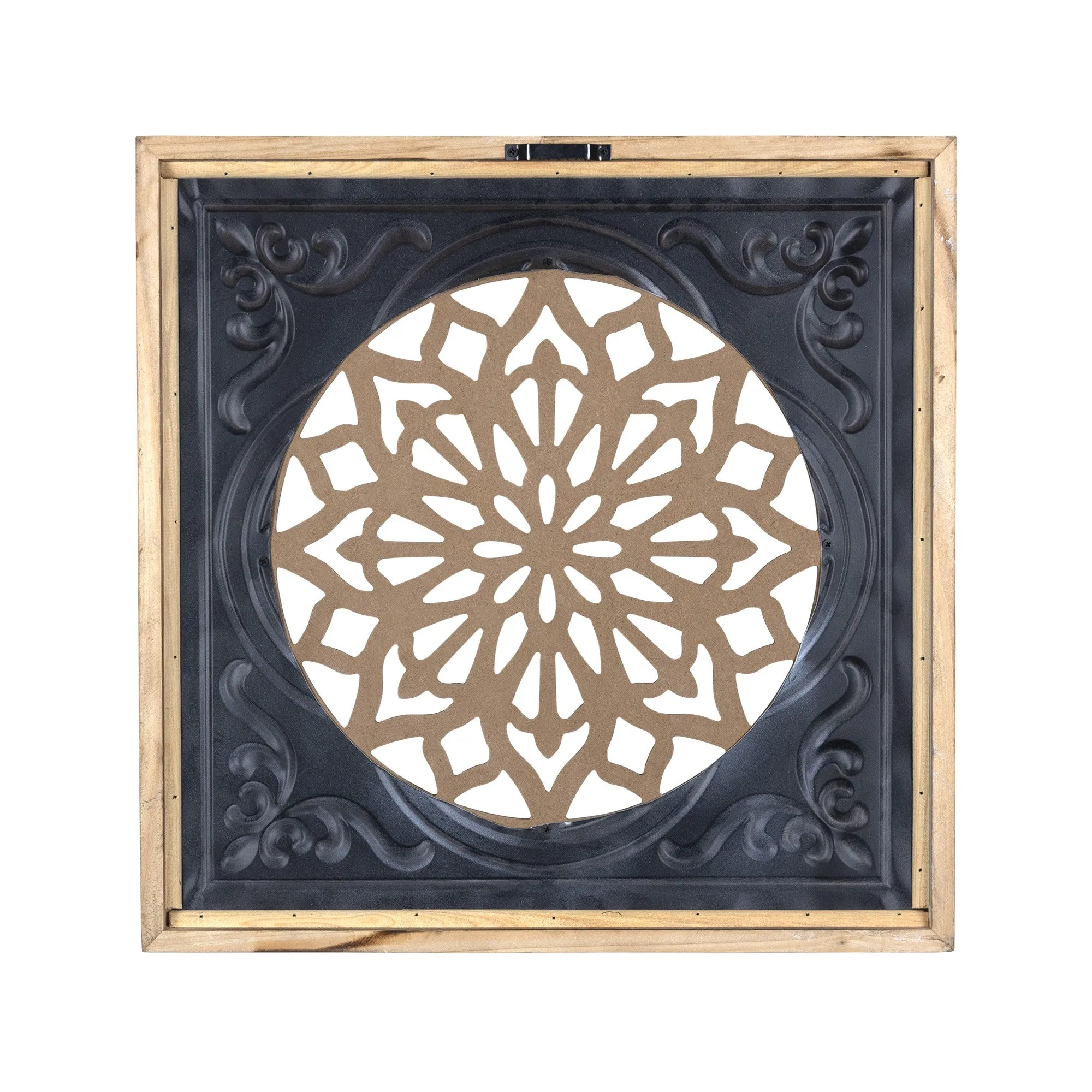 White Ethnic Wood and Metal Square Wall Plaque