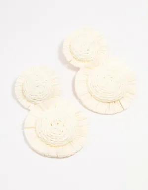 White Raffia Round Graduating Drop Earrings