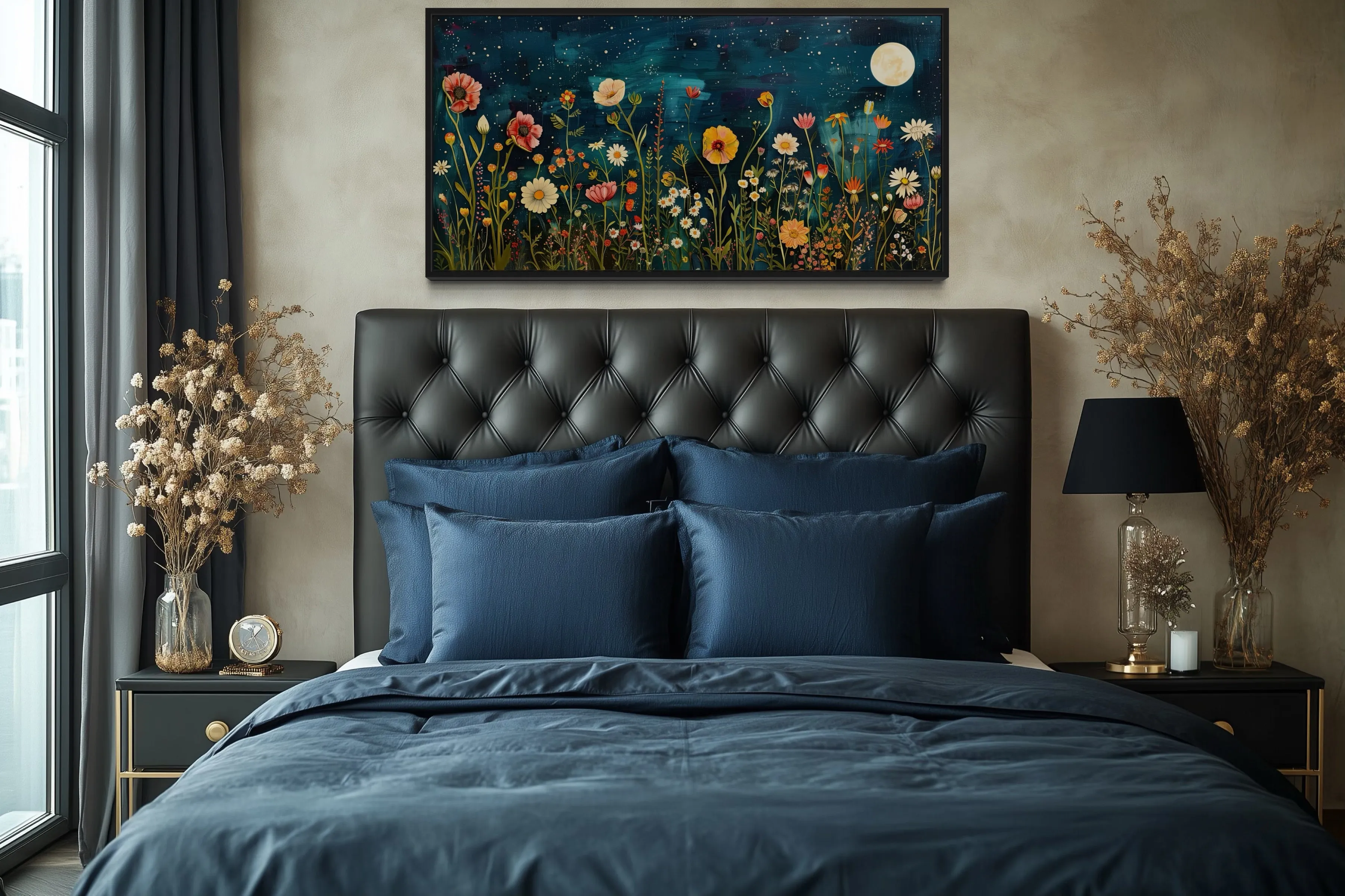 Wildflowers Field At Night Under Moon Large Horizontal Wall Art