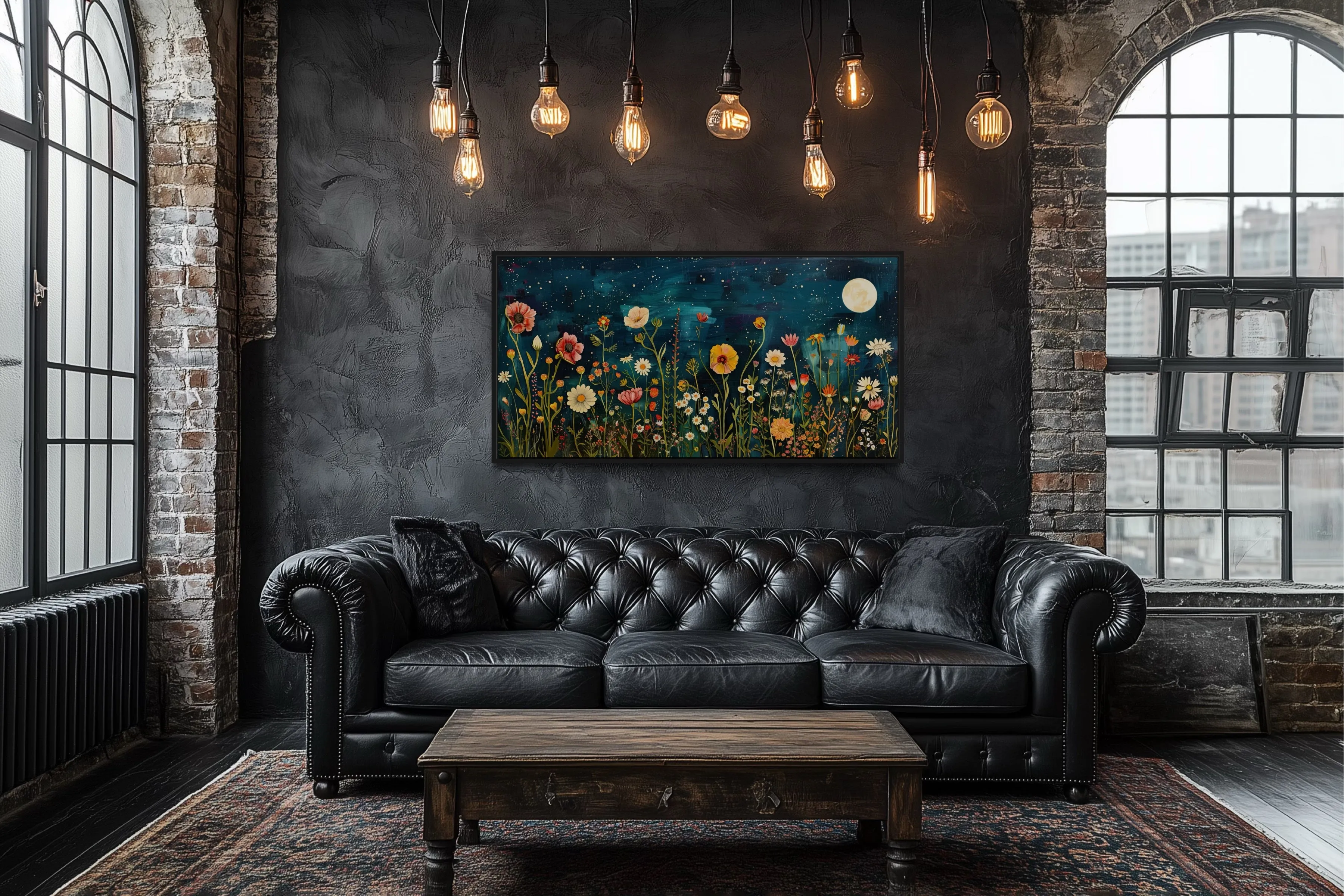 Wildflowers Field At Night Under Moon Large Horizontal Wall Art