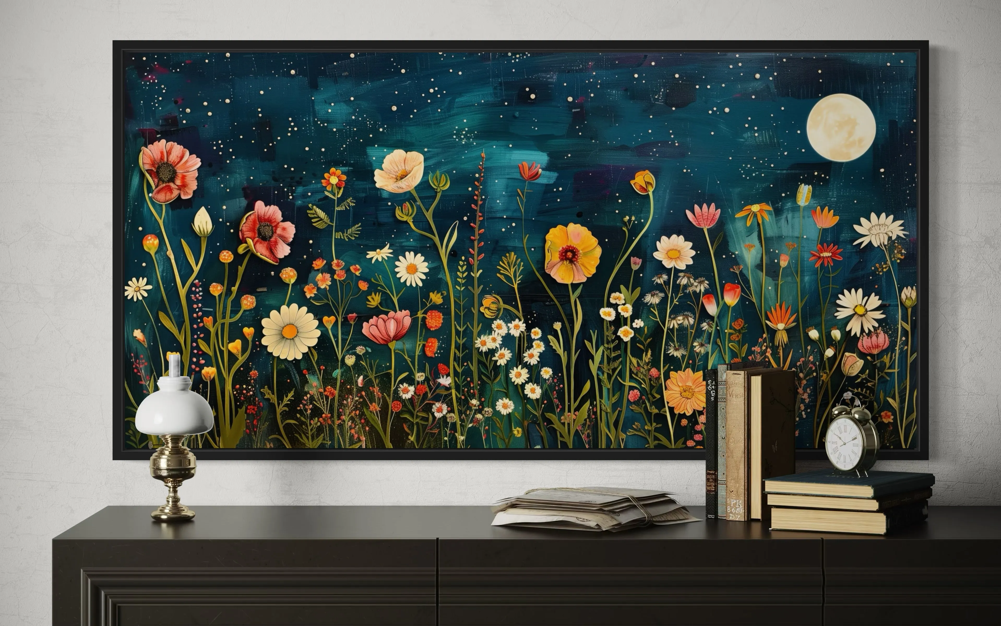 Wildflowers Field At Night Under Moon Large Horizontal Wall Art