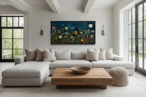 Wildflowers Field At Night Under Moon Large Horizontal Wall Art