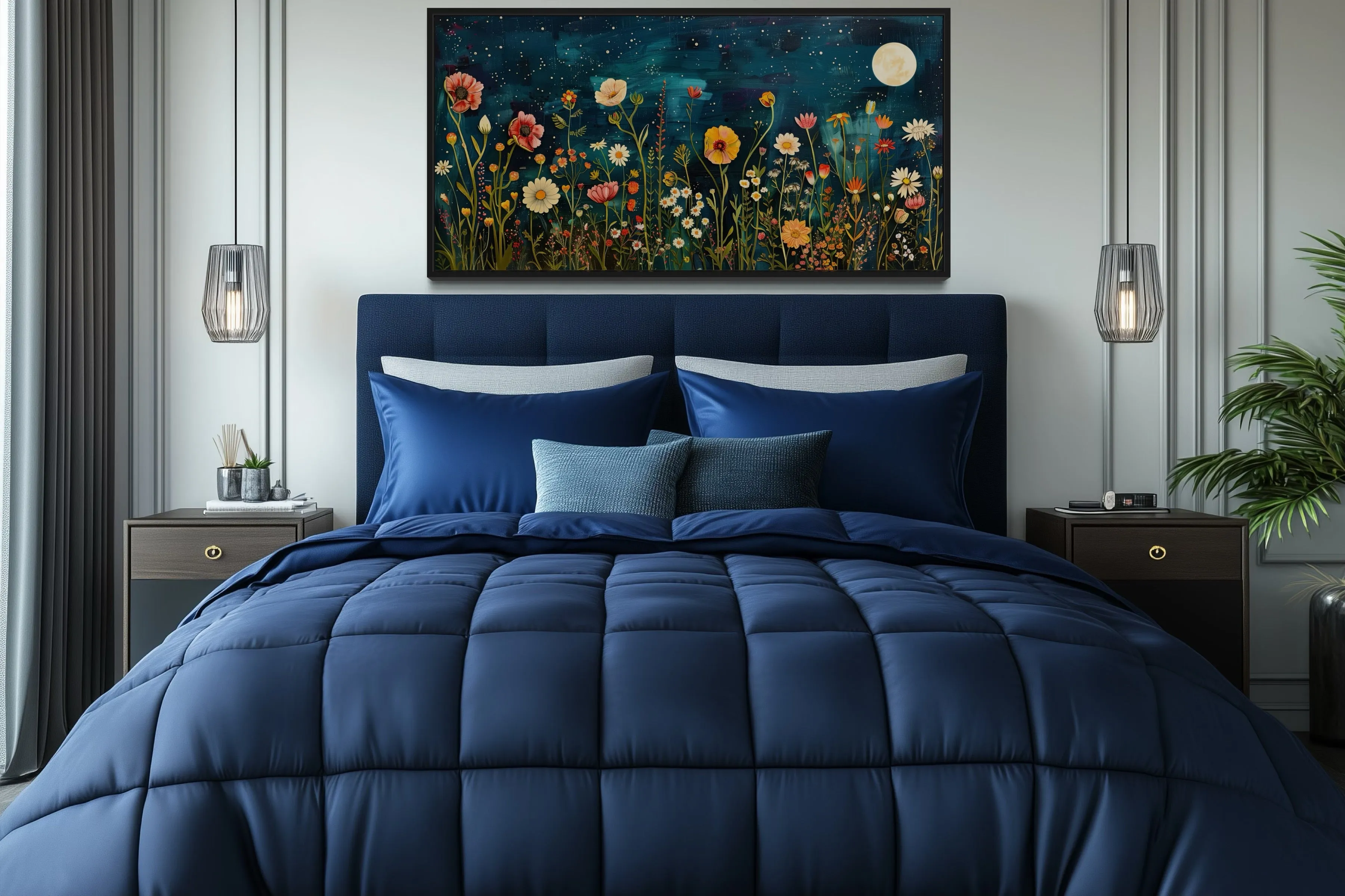 Wildflowers Field At Night Under Moon Large Horizontal Wall Art
