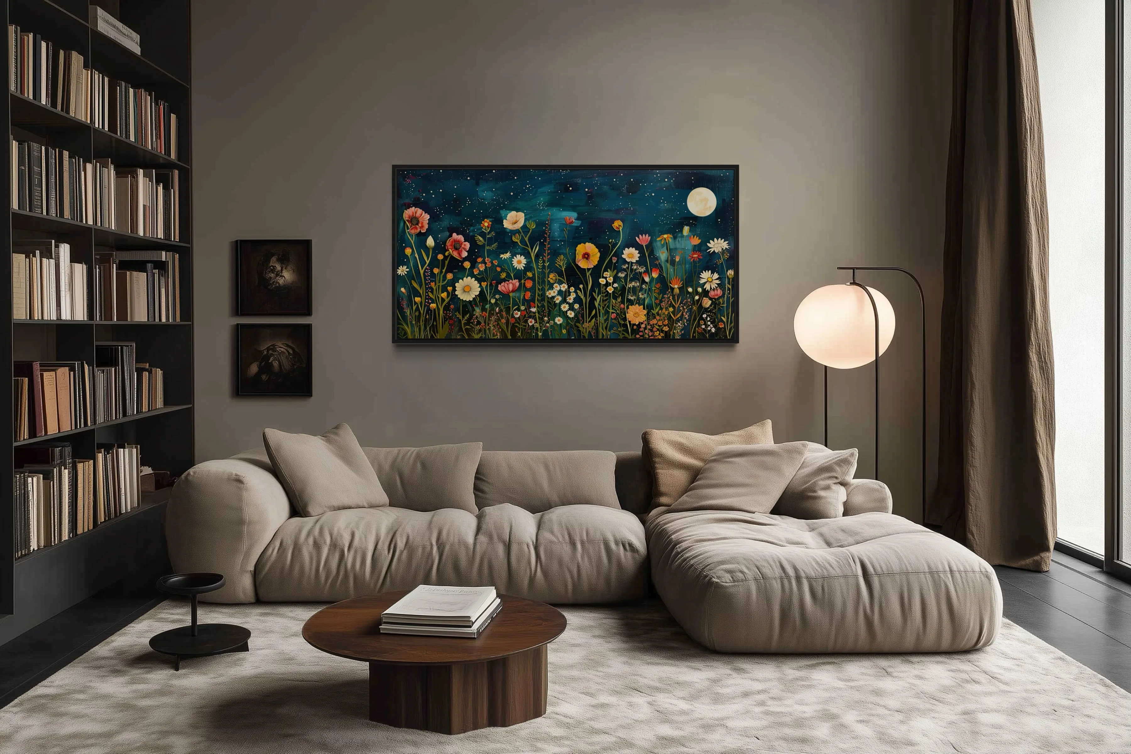 Wildflowers Field At Night Under Moon Large Horizontal Wall Art