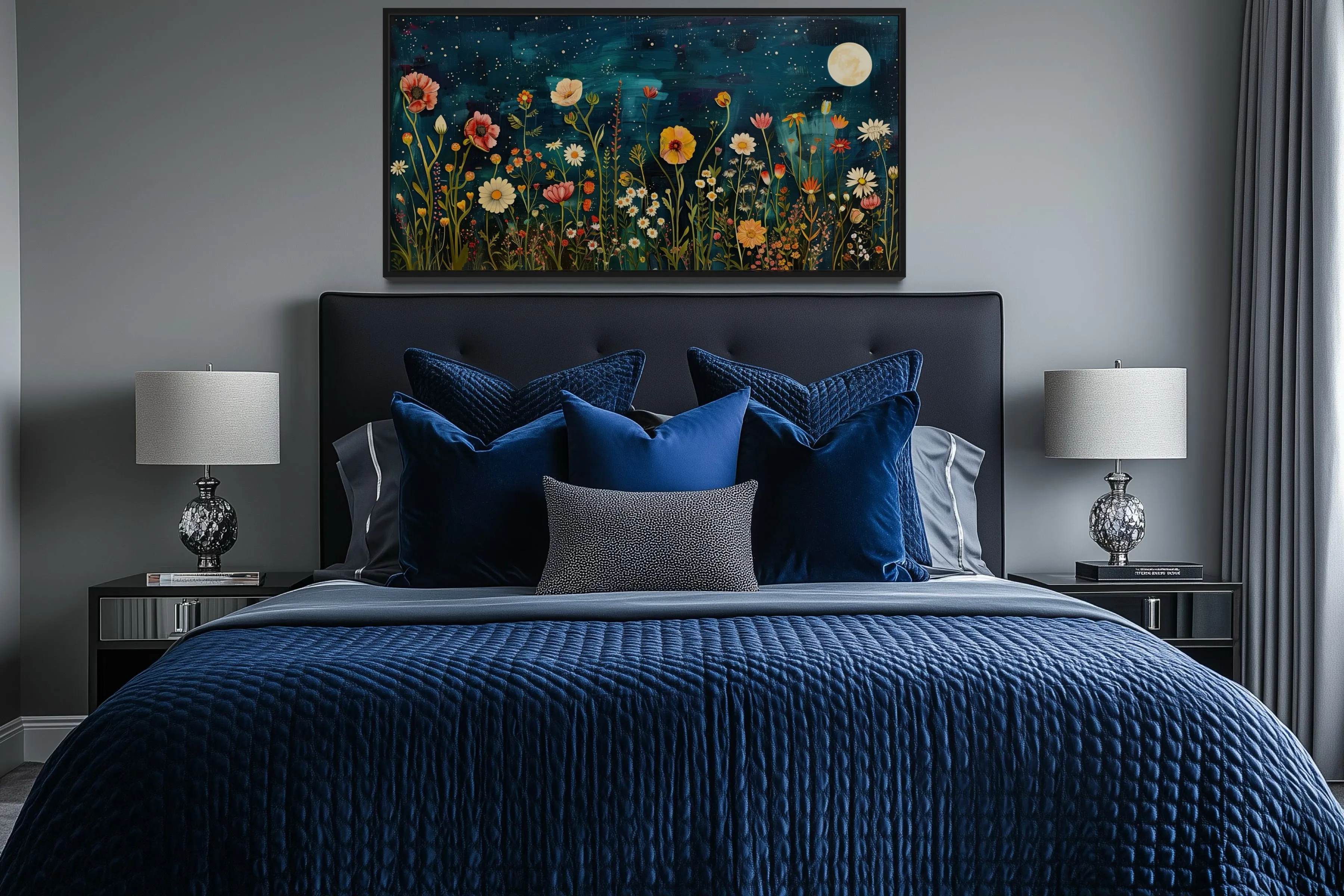 Wildflowers Field At Night Under Moon Large Horizontal Wall Art