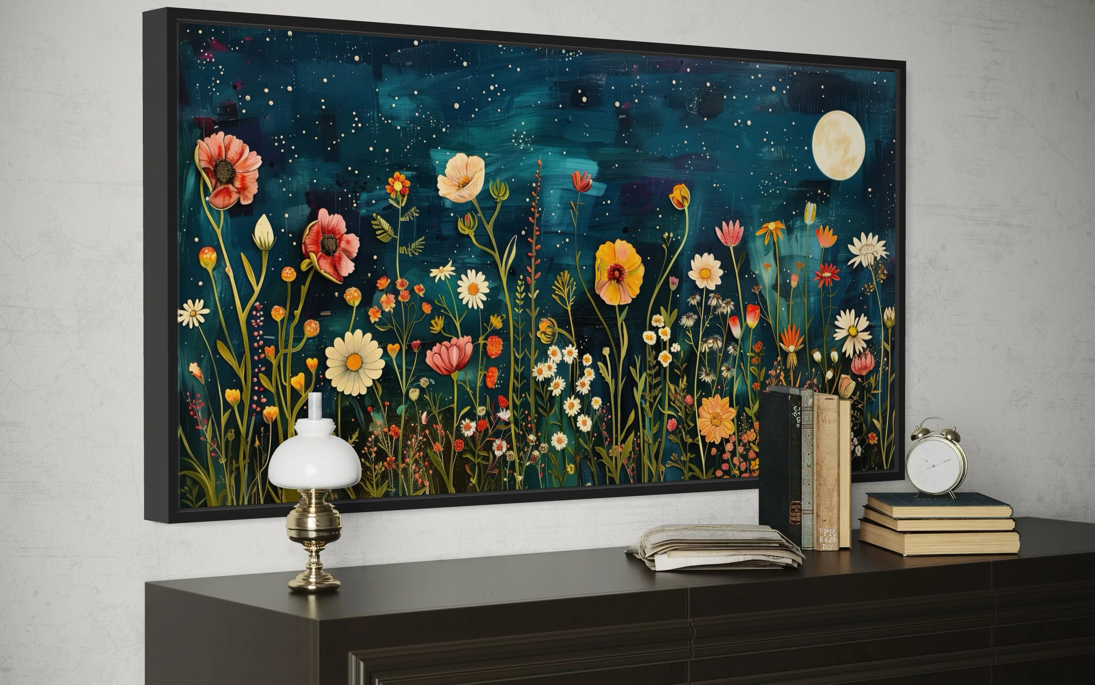 Wildflowers Field At Night Under Moon Large Horizontal Wall Art