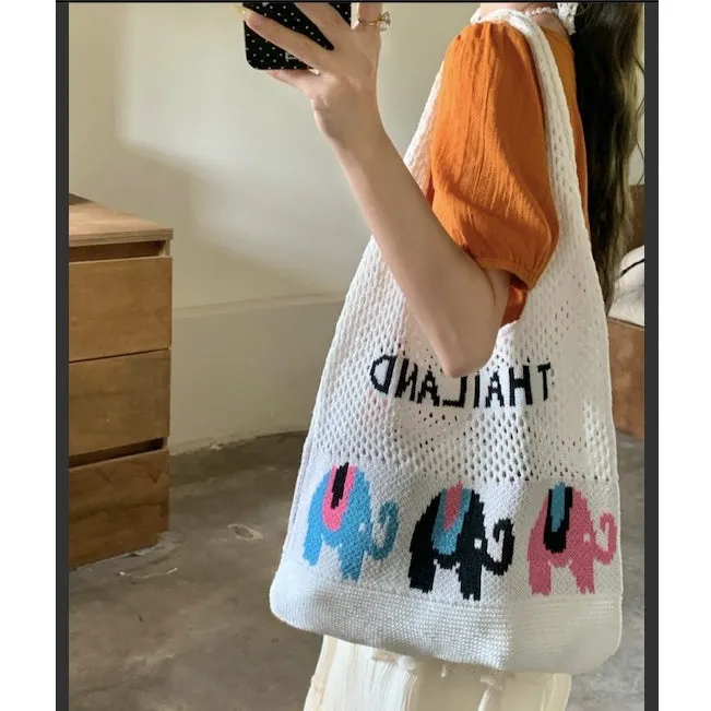 with Elephant for Tote First-time buyer discount | Handwoven Cotton Crossbody Bag Pattern Rope 58cm Women Fiber Large Width Fast international delivery Natural 35cm Bag –