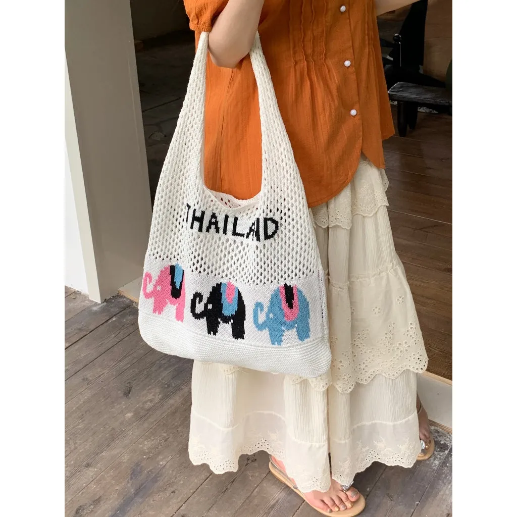 with Elephant for Tote First-time buyer discount | Handwoven Cotton Crossbody Bag Pattern Rope 58cm Women Fiber Large Width Fast international delivery Natural 35cm Bag –
