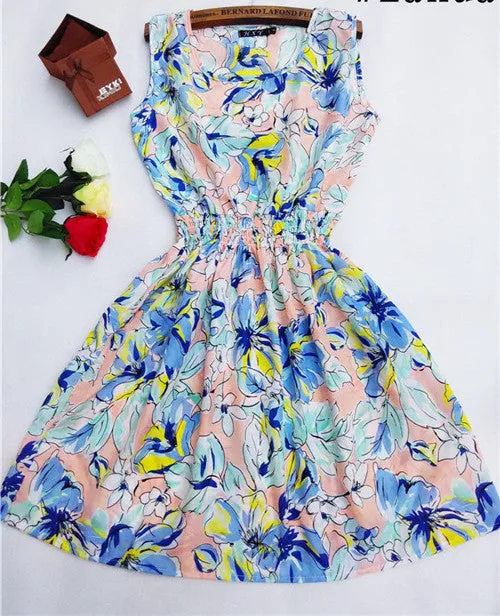 Women casual Bohemian floral leopard sleeveless vest printed beach chiffon dress nz17