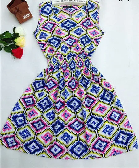Women casual Bohemian floral leopard sleeveless vest printed beach chiffon dress nz17