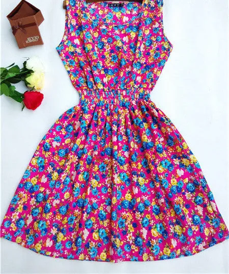 Women casual Bohemian floral leopard sleeveless vest printed beach chiffon dress nz17