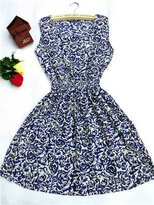 Women casual Bohemian floral leopard sleeveless vest printed beach chiffon dress nz17