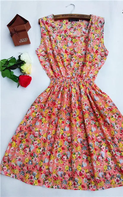 Women casual Bohemian floral leopard sleeveless vest printed beach chiffon dress nz17