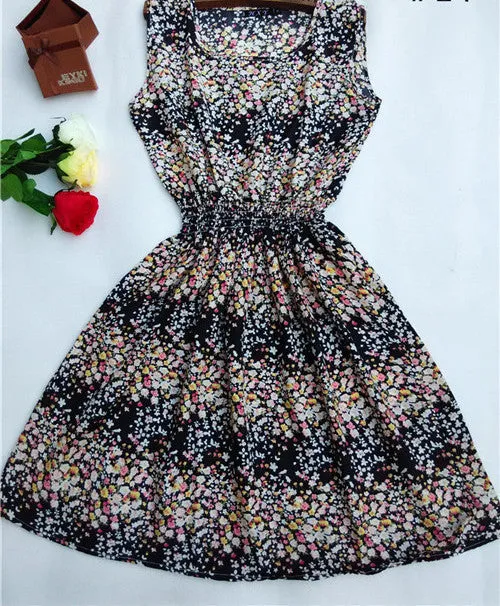 Women casual Bohemian floral leopard sleeveless vest printed beach chiffon dress nz17