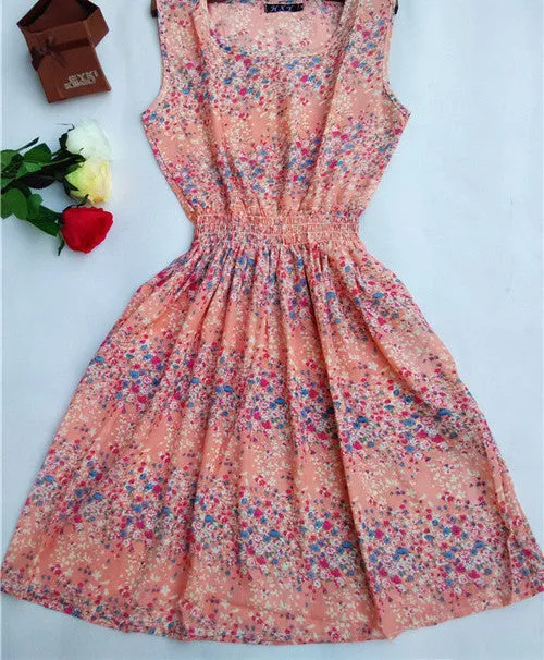 Women casual Bohemian floral leopard sleeveless vest printed beach chiffon dress nz17