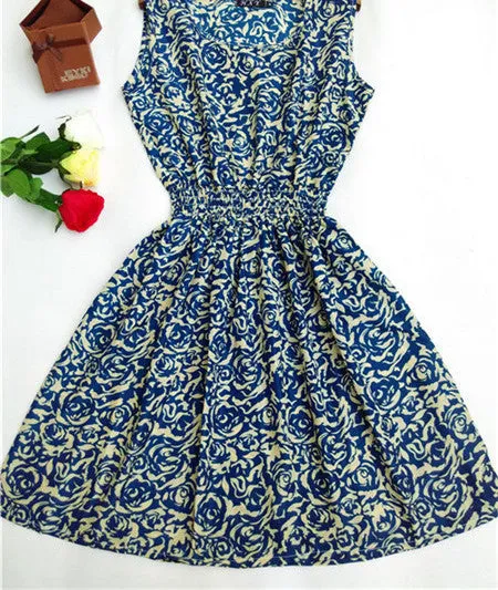 Women casual Bohemian floral leopard sleeveless vest printed beach chiffon dress nz17