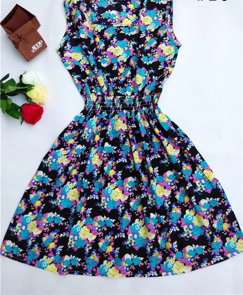 Women casual Bohemian floral leopard sleeveless vest printed beach chiffon dress nz17