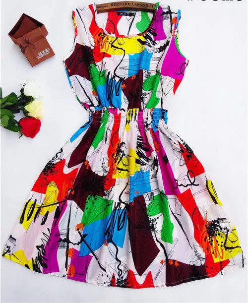 Women casual Bohemian floral leopard sleeveless vest printed beach chiffon dress nz17
