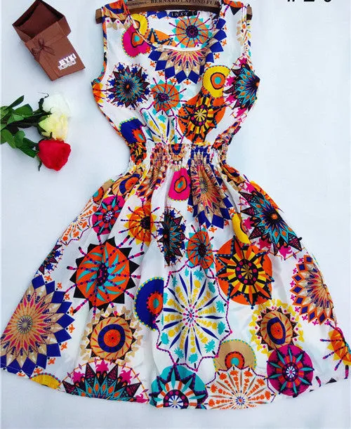 Women casual Bohemian floral leopard sleeveless vest printed beach chiffon dress nz17