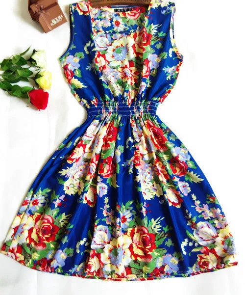 Women casual Bohemian floral leopard sleeveless vest printed beach chiffon dress nz17