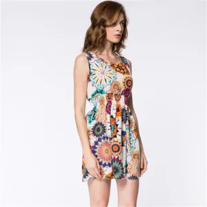 Women casual Bohemian floral leopard sleeveless vest printed beach chiffon dress nz17