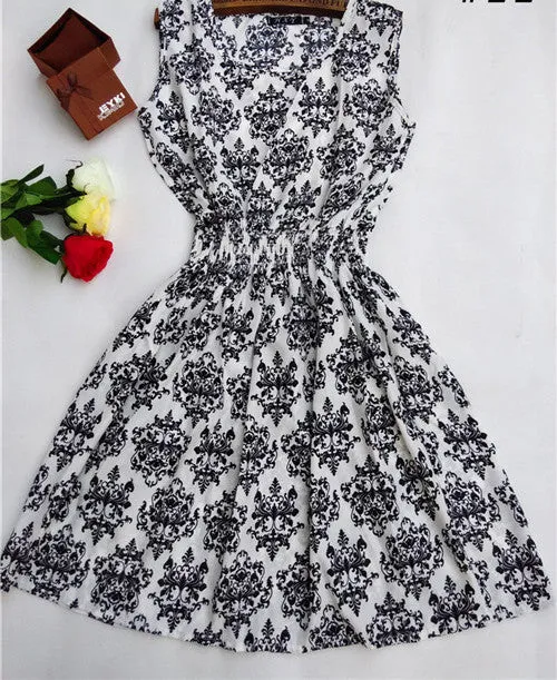 Women casual Bohemian floral leopard sleeveless vest printed beach chiffon dress nz17