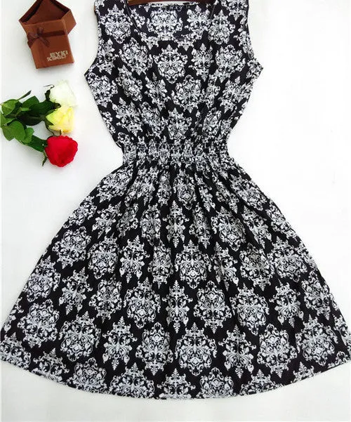 Women casual Bohemian floral leopard sleeveless vest printed beach chiffon dress nz17