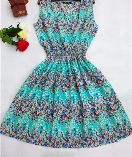 Women casual Bohemian floral leopard sleeveless vest printed beach chiffon dress nz17