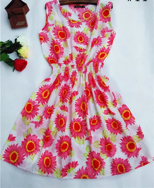 Women casual Bohemian floral leopard sleeveless vest printed beach chiffon dress nz17