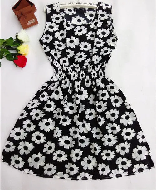 Women casual Bohemian floral leopard sleeveless vest printed beach chiffon dress nz17