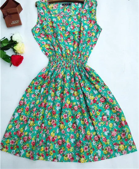 Women casual Bohemian floral leopard sleeveless vest printed beach chiffon dress nz17