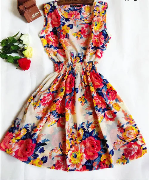 Women casual Bohemian floral leopard sleeveless vest printed beach chiffon dress nz17