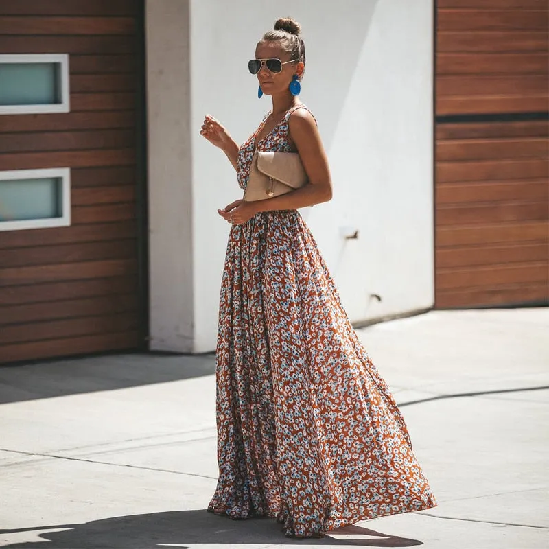 Women Summer Dress Floral Print Maxi Bohemian Hippie Beach Long Dress