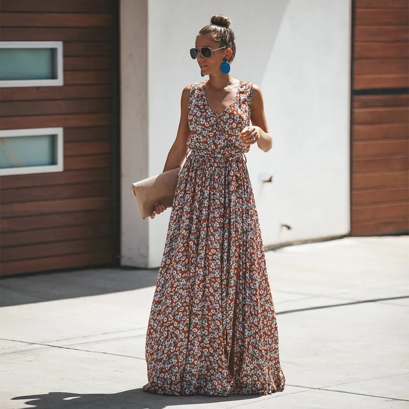 Women Summer Dress Floral Print Maxi Bohemian Hippie Beach Long Dress