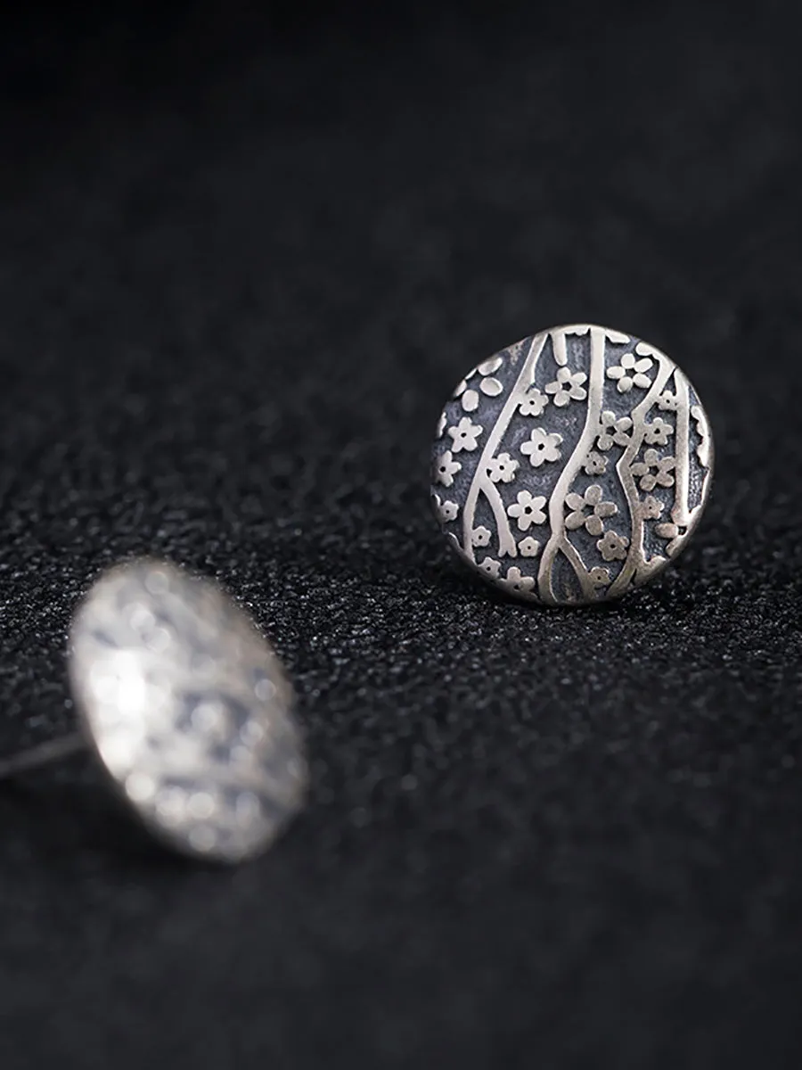Women Vintage Silver Flower Carve Round Earrings