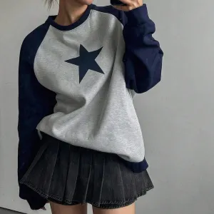 Women's Autumn & Winter Sweatshirt – Korean Contrast Color Star Print Long Sleeve Crew Neck | High Street Fashion Sweatshirts