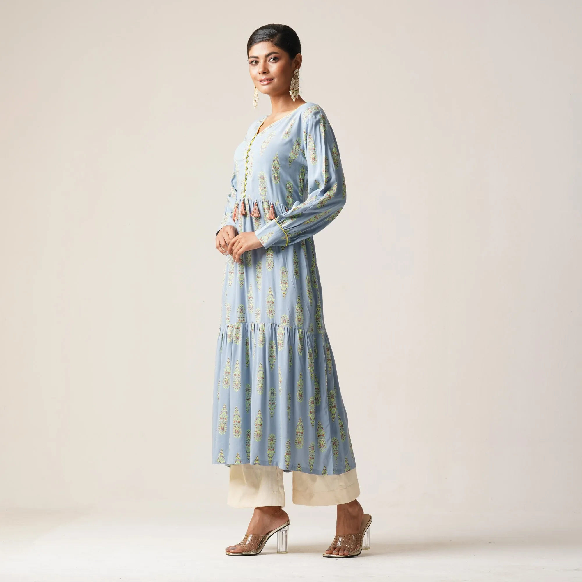 Womens Ethnic Fusion Kurti-Sky