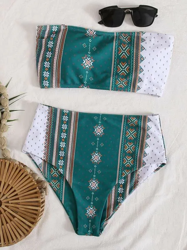 Women's Printed Bikini Split Tie High Waist Swimsuit