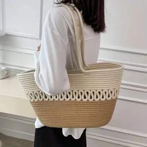 Women's shoulder bag with large capacity handmade from knitted kit fabric and straw
