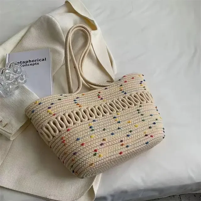 Women's shoulder bag with large capacity handmade from knitted kit fabric and straw