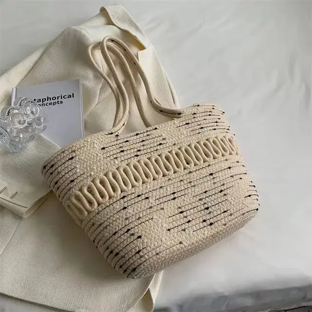 Women's shoulder bag with large capacity handmade from knitted kit fabric and straw