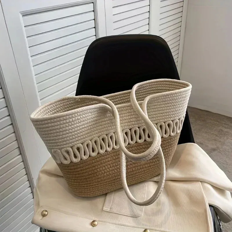 Women's shoulder bag with large capacity handmade from knitted kit fabric and straw