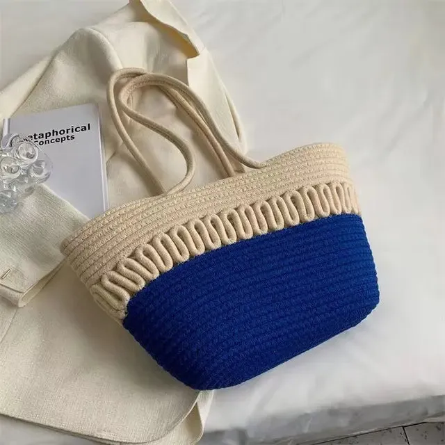 Women's shoulder bag with large capacity handmade from knitted kit fabric and straw
