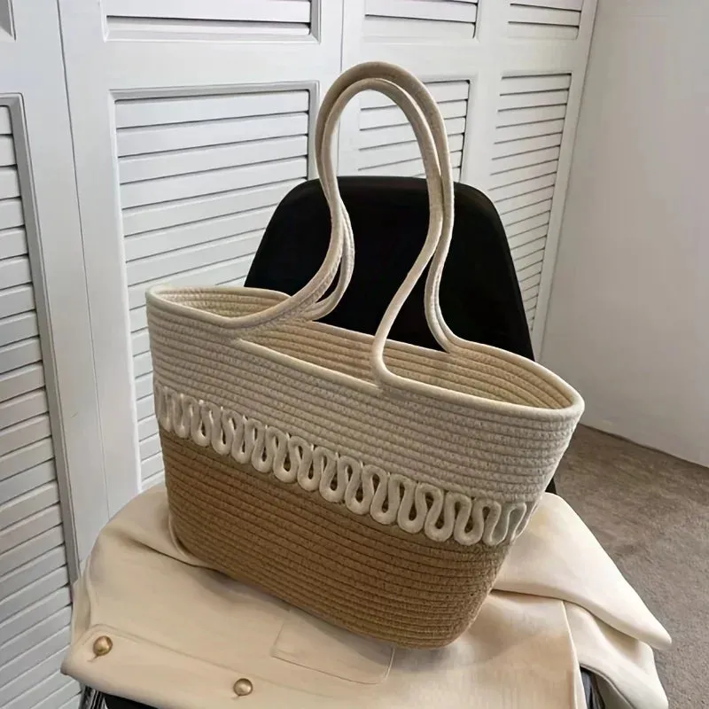 Women's shoulder bag with large capacity handmade from knitted kit fabric and straw