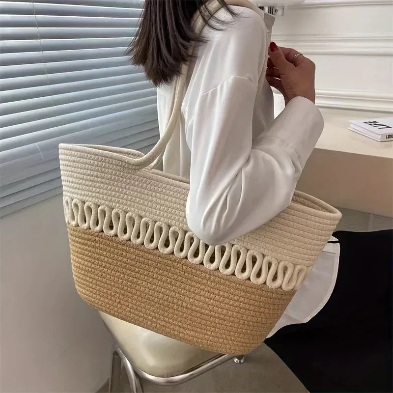 Women's shoulder bag with large capacity handmade from knitted kit fabric and straw