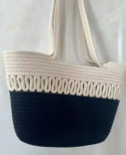 Women's shoulder bag with large capacity handmade from knitted kit fabric and straw