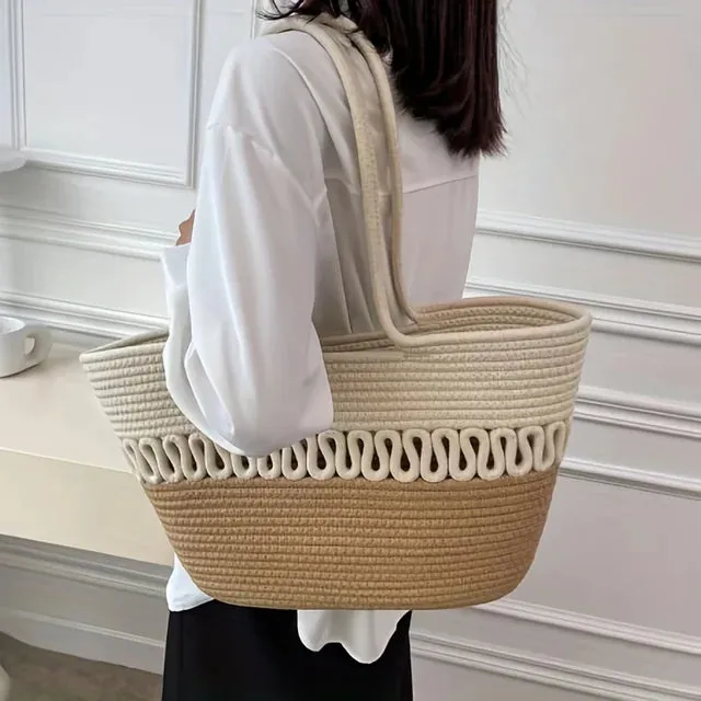 Women's shoulder bag with large capacity handmade from knitted kit fabric and straw