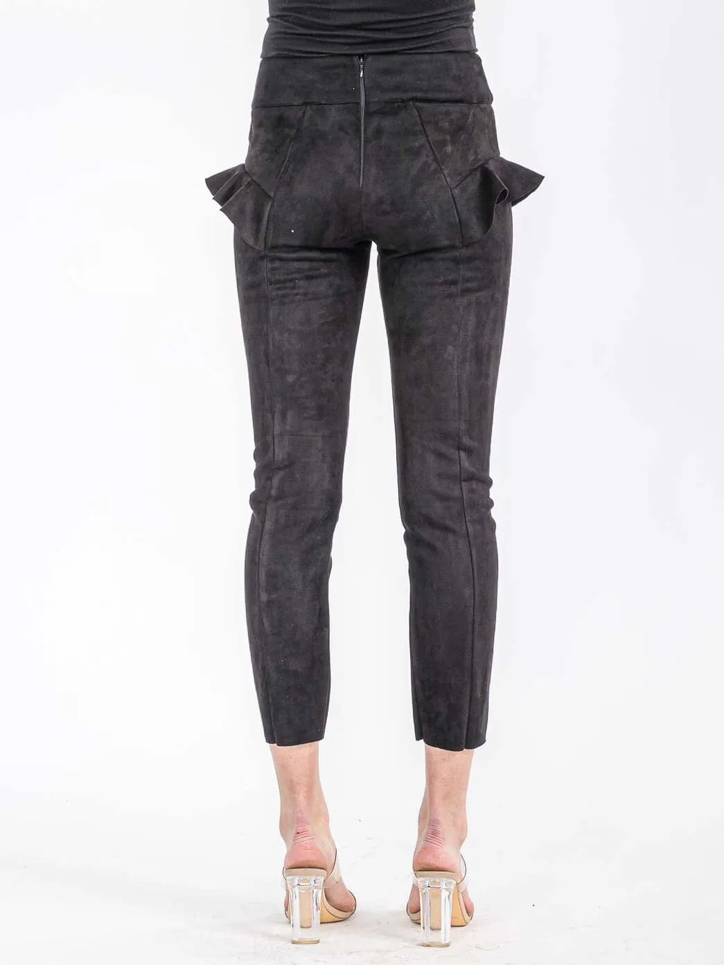 WOMEN'S ZIPPER CLOSURE RUFFLE DETAILED VELVET SKINNY PANTS