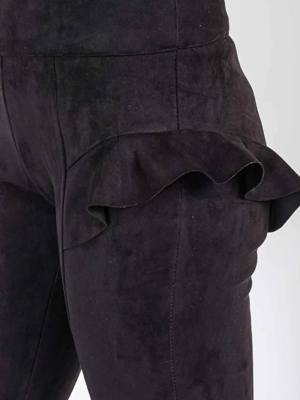 WOMEN'S ZIPPER CLOSURE RUFFLE DETAILED VELVET SKINNY PANTS