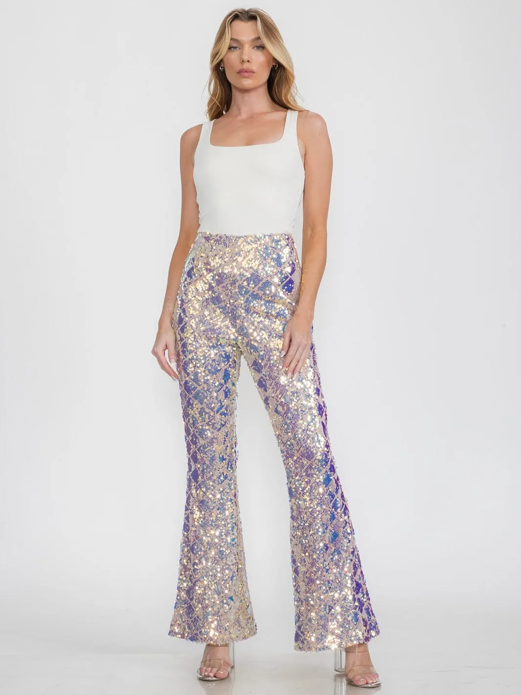WOMEN'S ZIPPER CLOSURE SEQUINS BELL LEGS PANTS